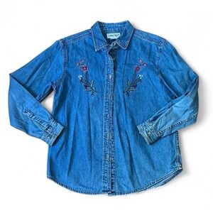 Vintage Cottagecore Denim Floral Embroidered Button Down Shirt Cotton Medium
